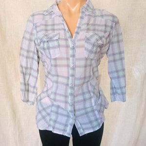 Maurices teal plaid sheer button down lace. Large